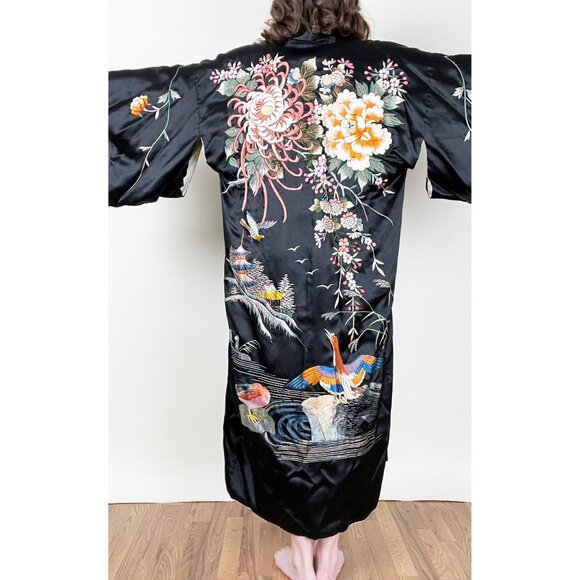 Antique Vintage Silk Kimono Robe Duster Cardigan House Coat Handmade Embroidered - Picture 2 of 13